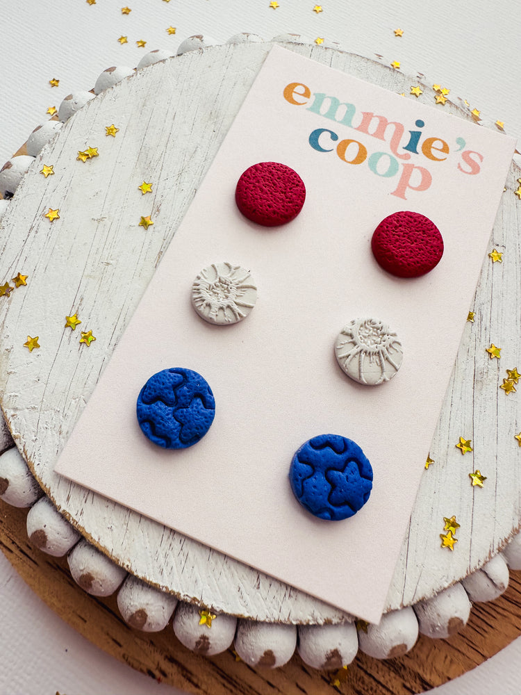 STUD PACK // red circle, cream floral, blue circle stars