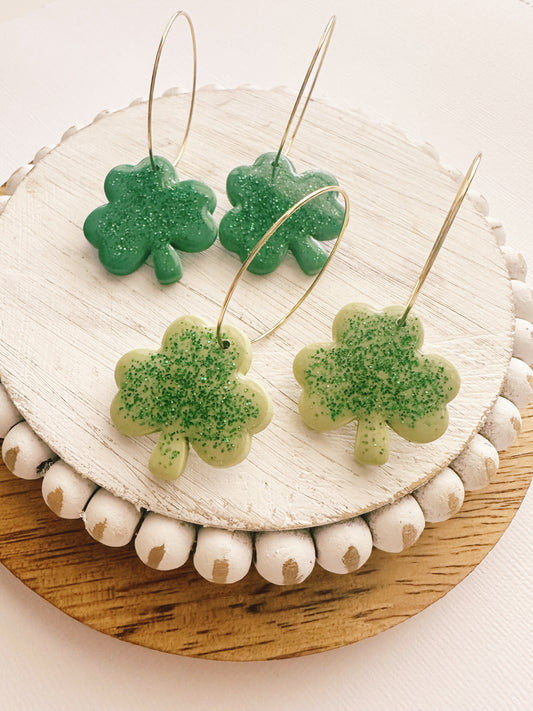 PRE-ORDER glittered shamrock hoops