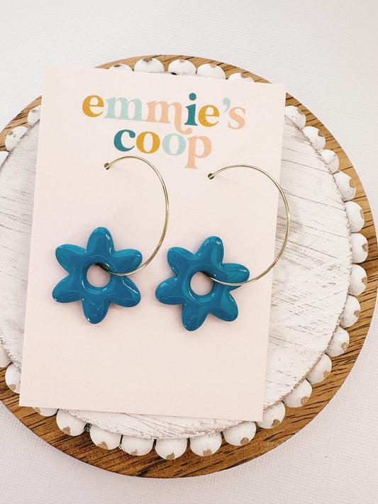 cobalt blue flower hoops