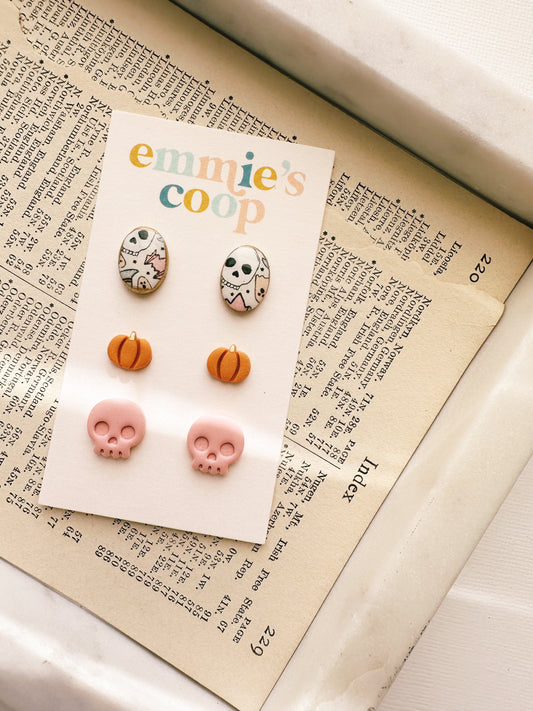 stud pack // falloween oval, mini pumpkin, pink skull