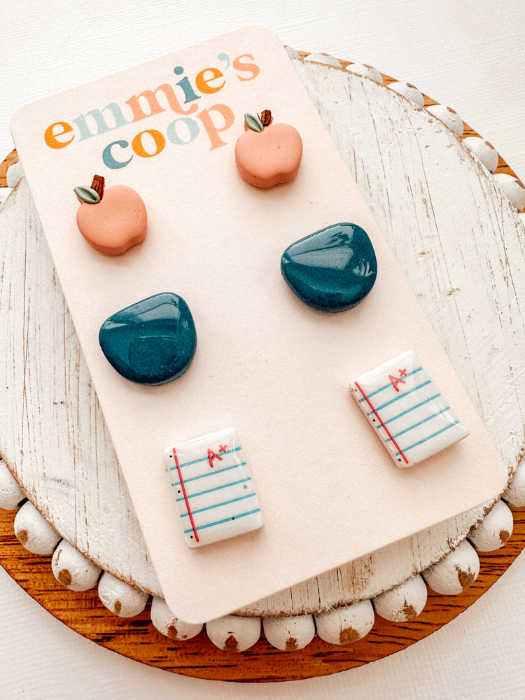 stud pack // pink apple, blue stud, notebook paper