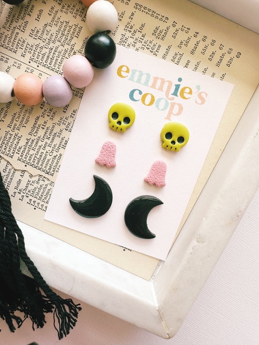 stud pack // green skull, pink ghost, moon