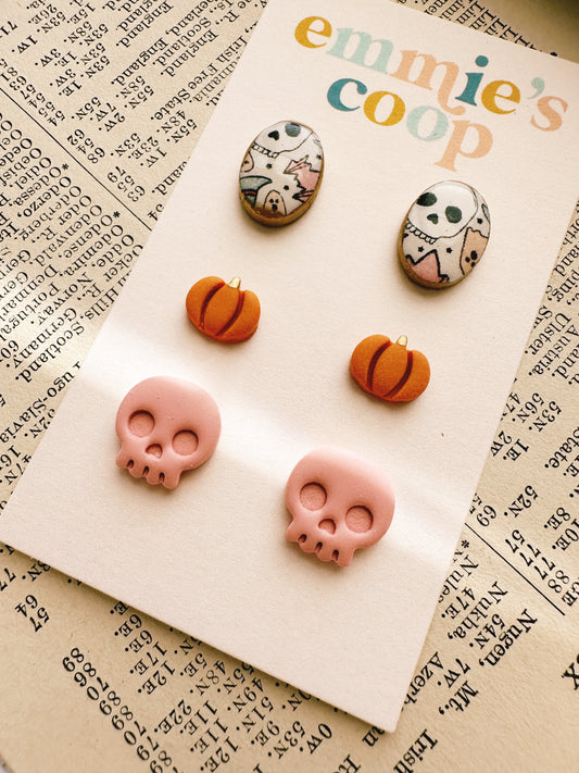 stud pack // falloween oval, mini pumpkin, pink skull