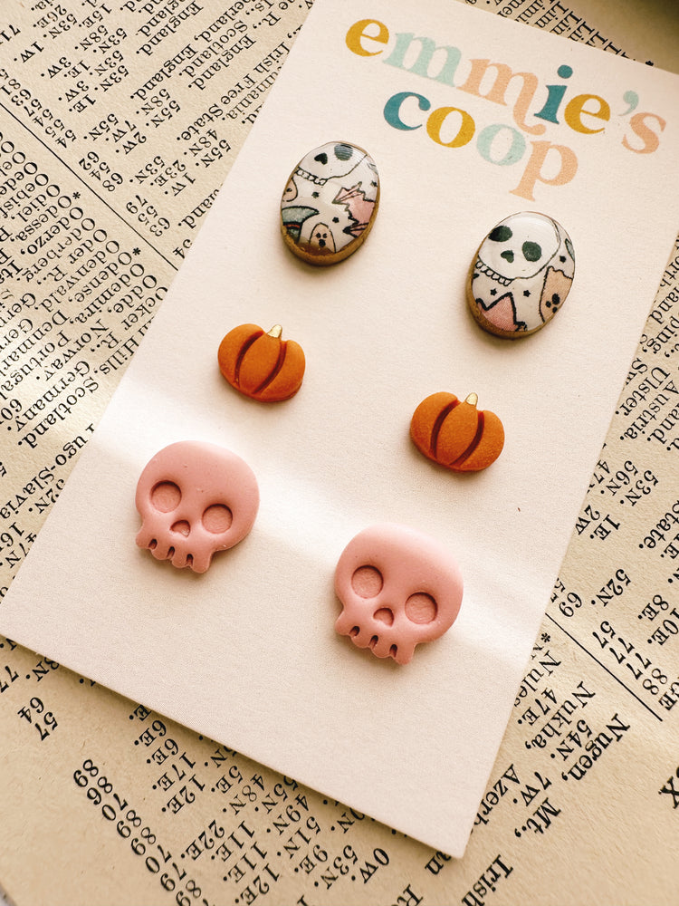 stud pack // falloween oval, mini pumpkin, pink skull