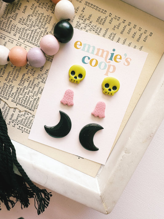stud pack // green skull, pink ghost, moon