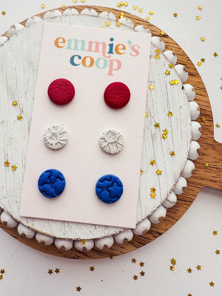 STUD PACK // red circle, cream floral, blue circle stars