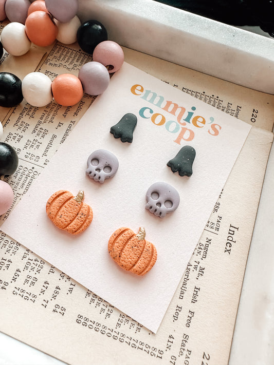 stud pack // black ghost, purple skull, pumpkin