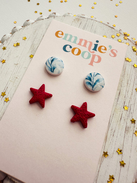 mini stud pack // blue florals & red stars