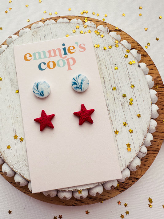 mini stud pack // blue florals & red stars