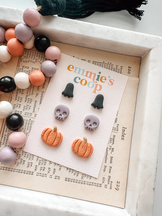stud pack // black ghost, purple skull, pumpkin