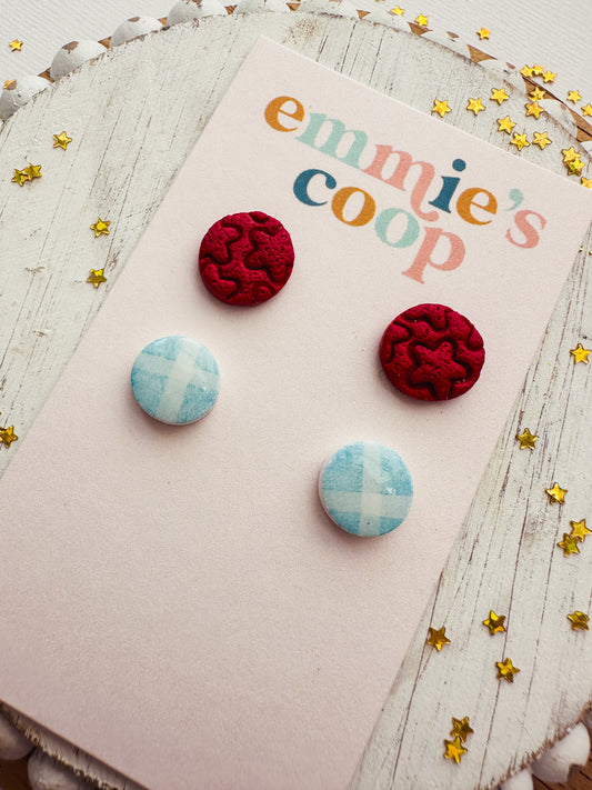 mini stud pack // red circle stars & blue gingham