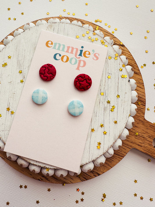 mini stud pack // red circle stars & blue gingham